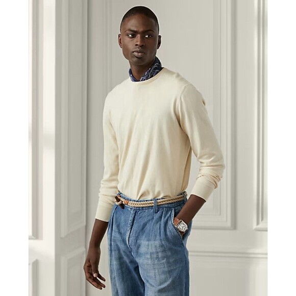 Ralph Lauren Purple Label Men’s Cotton Crewneck Sweater Cream Size XXL Luxury